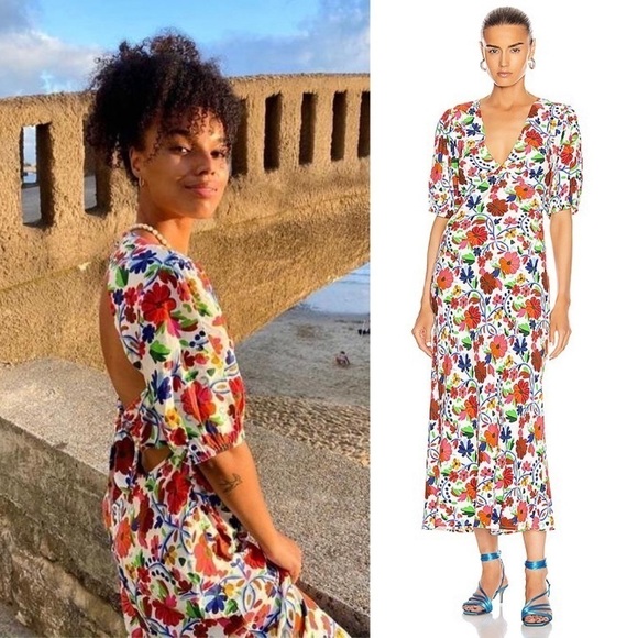 RIXO Floral Print Crepe Short Sleeve V-Neck Tied Cutout Open Back Midi Dress XS - Picture 3 of 16